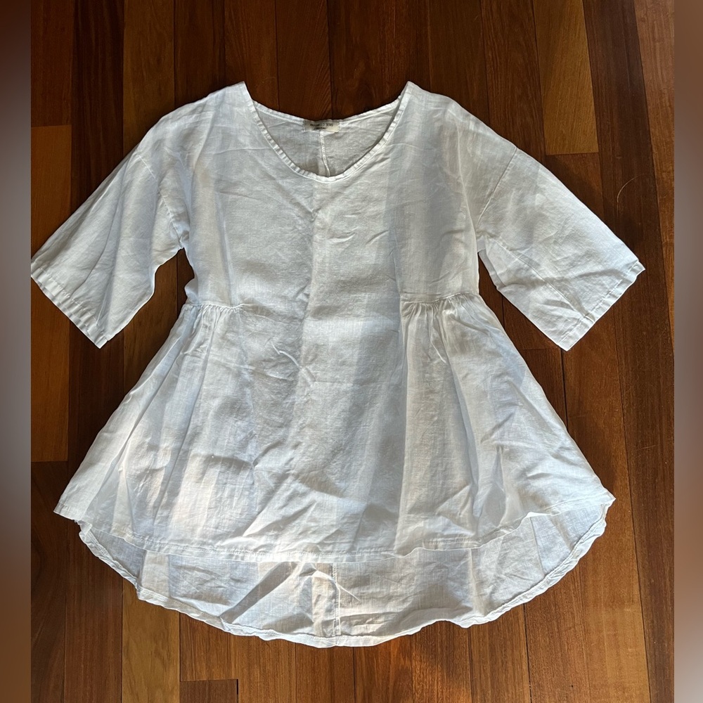 New Italian fine linen white asymmetrical skirted tunic retail $495 sz S/M